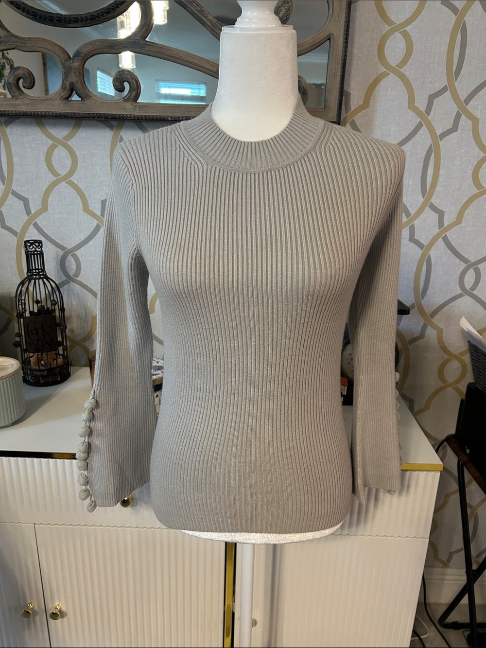 Ribbed Knit Sweater with Buttoned Bell Sleeves - Light Gray